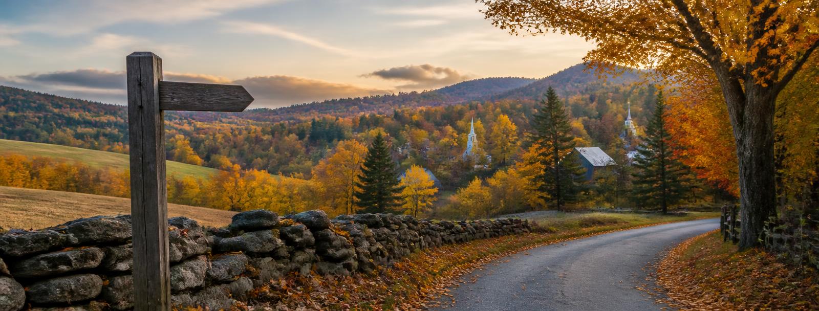 A country road and stone wall looking down toward a small New England village