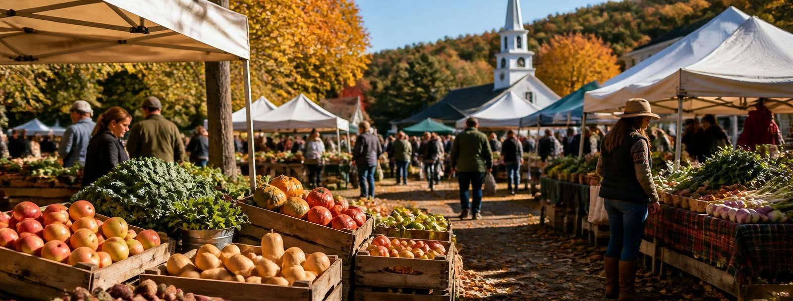 Crates of apples, squash and greens under tents at an autumn farmers market